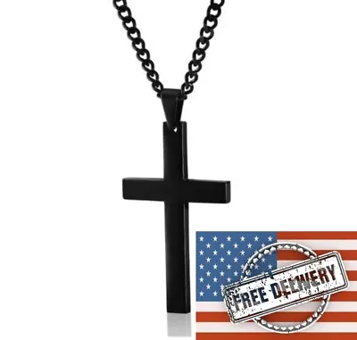 Cross Pendant Necklace Stainless Steel Plated Black  Cuban Chain Men • $3.99