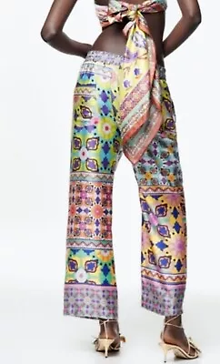 ZARA Silky Satin Printed Pajama Style Pants Sz L Wmns NWT  ZARA NEW WOMAN • $25