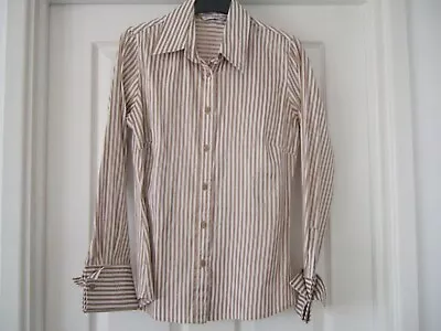 M&S Autograph White/Beige Striped Blouse Size 12 Very Good Condition • £5