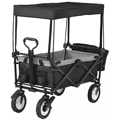 Pull Along Hand Garden Cart 4 Wheel Foldable Trolley Wagon Camping Beach Black • £86.99