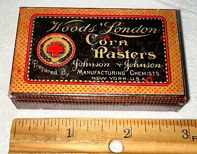 Antique Johnson Woods London Corn Plasters Tin Litho Foot Medicine Can Pharmacy • $11.50