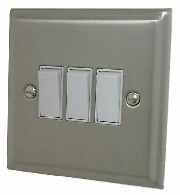 G&H DSN3W Deco Plate Satin Nickel 3 Gang 1 Or 2 Way Rocker Light Switch • £19.95