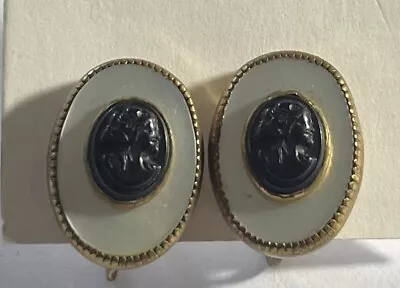 Antique Mourning Earrings - Black Jet Cameo W/mother Of Pearl • $19.99