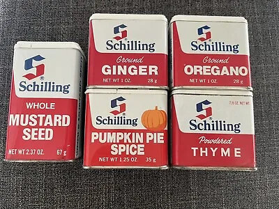 Vintage Schilling Spice Tins Lot Of 5 1977 Ginger Oregano Thyme Pumpkin Pie • $14