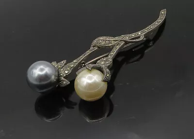 925 Sterling Silver - Vintage Pearls & Marcasite Floral Brooch Pin - BP4083 • $71.71