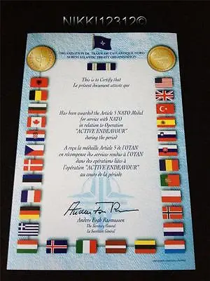 Nato Article 5 Active Endeavour Medal Certificate In Mint Condition • £6