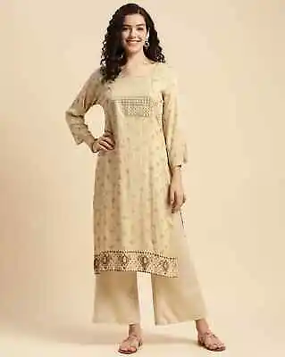 Indian Women Beige Printed Rayon Kurta Kurti Ethnic Top Tunic Pakistani Dress • $32.99