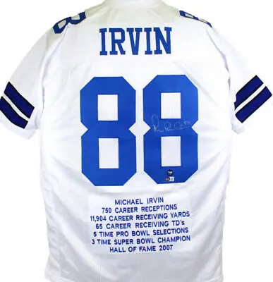 Michael Irvin Autographed White Pro Style Stat Jersey-Beckett W Hologram *Silver • $179