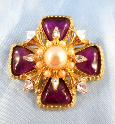 FAB Vintage Maltese Cross Pin Brooch Teardrops Faux Pearls FABULOUS Plum Purple • $29.99