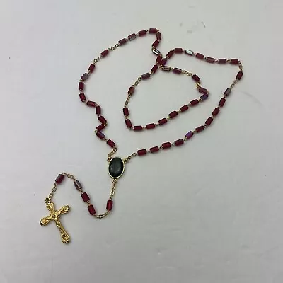 Vintage Estate Red Faceted Glass Rosary Beads Necklace Italy Gold Tone Green • $19.99