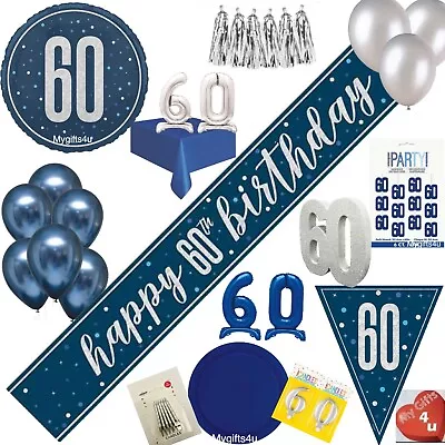 Blue Silver Age 60th & Happy Birthday Party Decorations Bunting Balloons Banner • £4.50