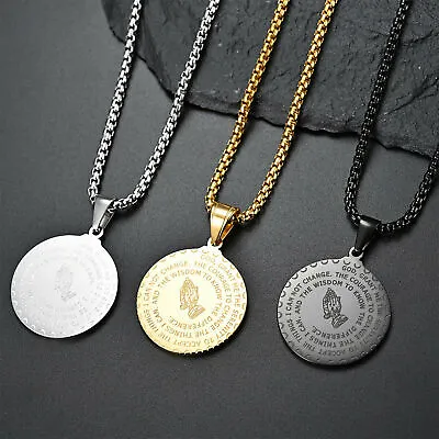 Men's Stainless Steel Serenity Prayer & Lord's Prayer Medallion Pendant Necklace • $9.99