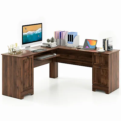 66.5  L Shaped Home Office Desk Corner Computer Desk Drawer Keyboard Tray Walnut • $309.99