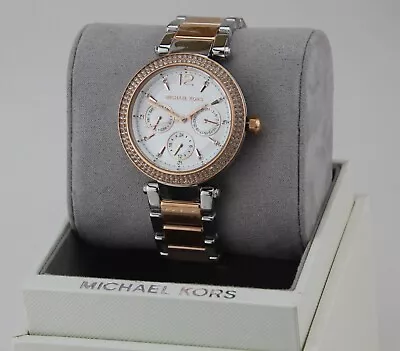 $109.99 • Buy New Authentic Michael Kors Parker Silver Rose Gold Crystals Women's Mk6301 Watch