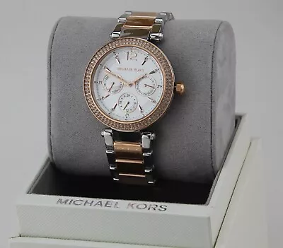 New Authentic Michael Kors Parker Silver Rose Gold Crystals Women's Mk6301 Watch • $109.99