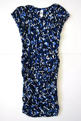 Marc Bouwer Blue Black White Leopard Stretch Cap Sleeve Ruched Bodycon Dress XS • $26.99