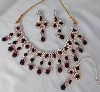 Indian Bollywood Pearl Gold Plated Maroon Kundan Choker Necklace Jewelry Set • $18.37