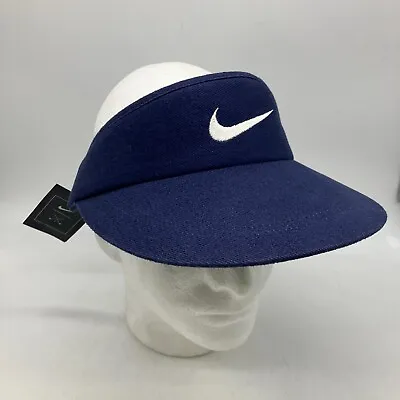 Vintage Y2K Nike Center Swoosh Visor Navy Blue Golf Tennis Strapback Hat • $20.99