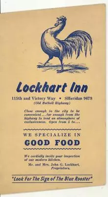 VINTAGE DIE-CUT Seattle Washington  LOCKHART INN MENU  VG • $69.99