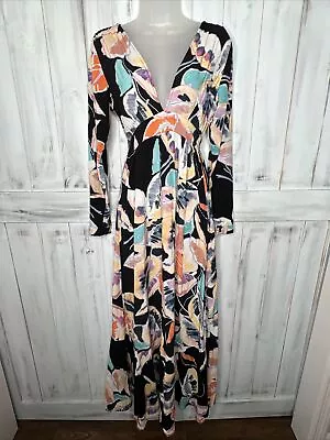 Maaji Blooming Sky Black Watercolor Floral Long Sleeve Deep V-neck Maxi Dress S • $64.94