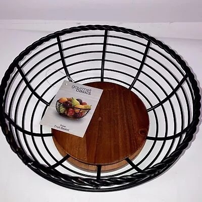Mikasa Gourmet Basics Wrought Iron & Acacia Wood Rope Round Fruit Basket 5”x11” • $18.74