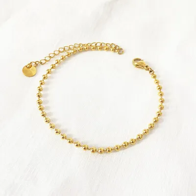 Woman 18K Gold Plated Stainless Steel 2mm Beaded Ball Chain Bracelet Bangle Cuff • $9.80