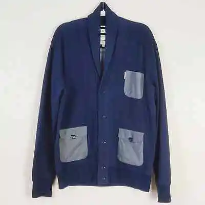 Marc Ecko Medium Blue Cardigan Cut & Sew Patchwork Shawl Collar Sweater Button • $24.99