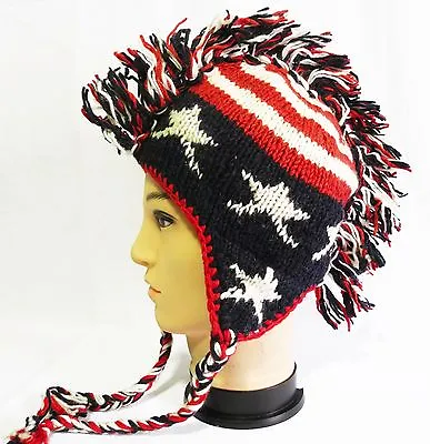 New American Flag Mohawk Hat Cap Beanie Pilot Handmade 100% Wool W Fleece Lining • $11.95