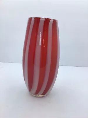 Hand Blown Cased Glass Red And White Striped Vase Pontil Mark • $15