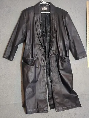 VTG Paris Sport Club BLACK Trench Coat Womens Sz Large 100% Leather Long  90s • $43.99