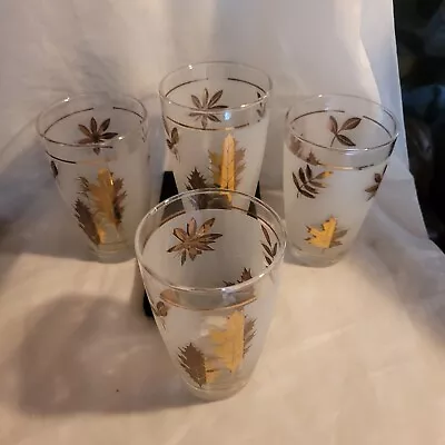 Vintage 60s Libbey Glassware 8oz Frosted Gold Foliage 4.75  Glasses  Set Of 4 • $19.99