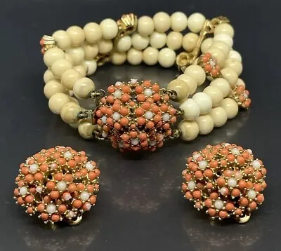 Vintage Ciner Gold Tone Faux Coral Faux Pearl Beaded Bracelet Clip Earrings Set • $799