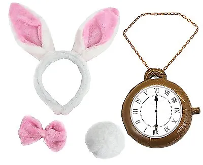 White + PINK Rabbit Headband Ears Tail Bow Tie CLOCK Fancy Dress Set Wonderland • £6.99