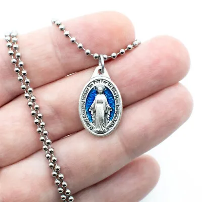 Blue Miraculous Medal Virgin Mary 1  Pendant Necklace Italy W 24  Ball Chain • $9.99