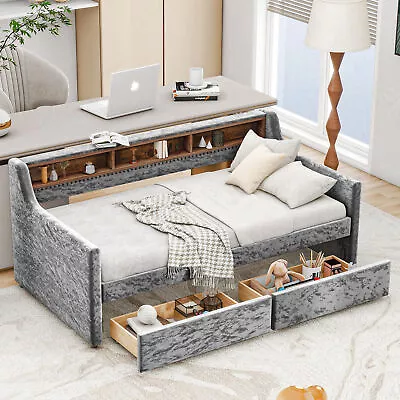 Twin Size Snowflake Velvet Daybed Frame Sofa Bed + 2Storage Drawers/Shelves Gray • $454.99