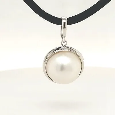 Mabe' Pearl White 14mm 14k White Gold Enhancer Pendant 18   Black Silk Cord NEW • $399.99