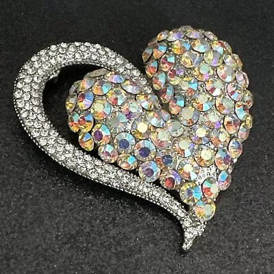 MY VINTAGE MOM’S Silver Tone AURORA BOREALIS Rhinestone LARGE Heart PENDANT • $4.99