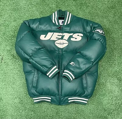 Starter New York Jets Leather Puffer Jacket Size Medium Green NFL Football Rare • $450