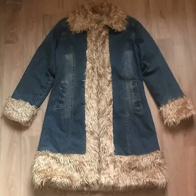 Vintage Afghan Coat Denim Jacket Penny Lane Y2K Mongolian Faux Fur Blue BOHO L • $169.96