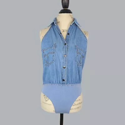 Vintage 80s Womens Bodysuit X Small Blue Jean Denim • $24.64