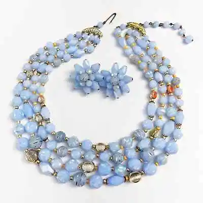 Vintage West Germany Blue Beaded Necklace Earrings Set • $45