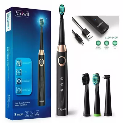 Fairywill Black Sonic Electric Toothbrush  2 Min Timer With 3 Replacement Heads • $17.99