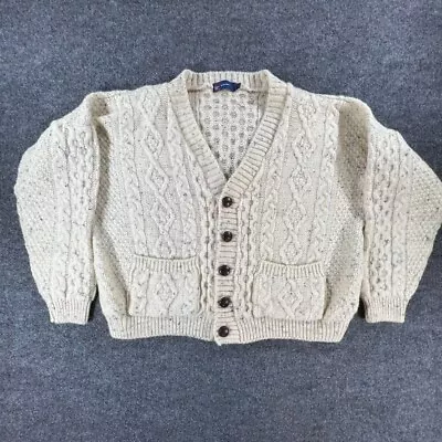 British Wool Naturally Mens Sweater Medium Ivory Cable Knit Fisherman Cardigan • $55.98