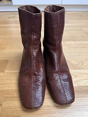 Mango Snake Effect Square Toed Wide Heel Zip Fasten BROWN Leather BOOTS EU37  • £9.99