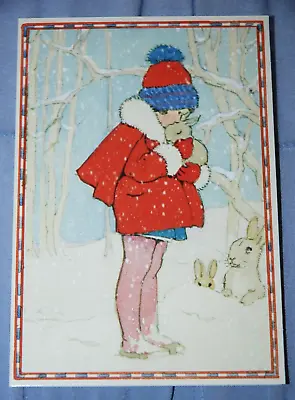 Small Girl Hugs A Snow Bunny ~ By Margaret Tarrant Christmas Card NEW • £3.99