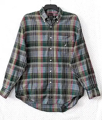 NAUTICA Mens Shirt Sz L Green Multi Plaid Tartan Check Button Down Long Sleeve • £9.50