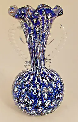 Vintage Murano Millefiori Glass Art Glass Vase Italy Rare Blue 4.75  Tall • $99