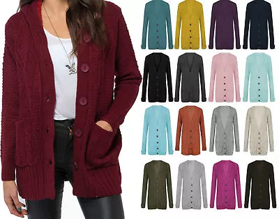 £12.95 • Buy Women's Ladies Chunky Cable Knit Button Cardigan Long Sleeves Grandad Plus Sizes