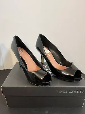 Vince Camuto Black Smooth Patent Peep Toe Pumps Kira Size 8 • $12