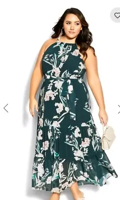 City Chic Small Halter Love Maxi Fresh Green Floral Plus Size 16/18 • $80